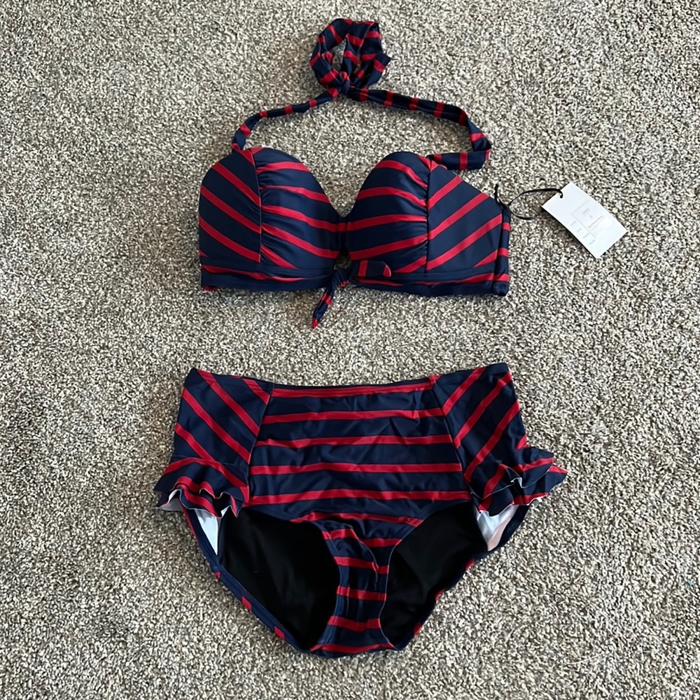 Unique Vintage red and navy striped bikini. BNWT. Top L. Bottoms XL.